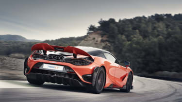 McLaren 765LT - rear 3/4 view on track with spoiler raised