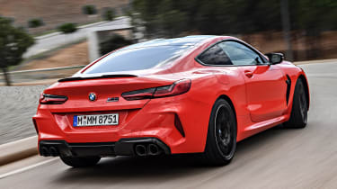 BMW M8 Competition coupe rear 3/4 tracking