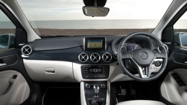 The B-Class has an upmarket dashboard for the class, even if the infotainment screen does look a little aftermarket
