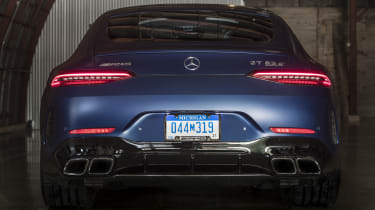 Mercedes-AMG GT 63 rear view, lights on