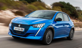 Peugeot e-208 hatchback front 3/4 driving